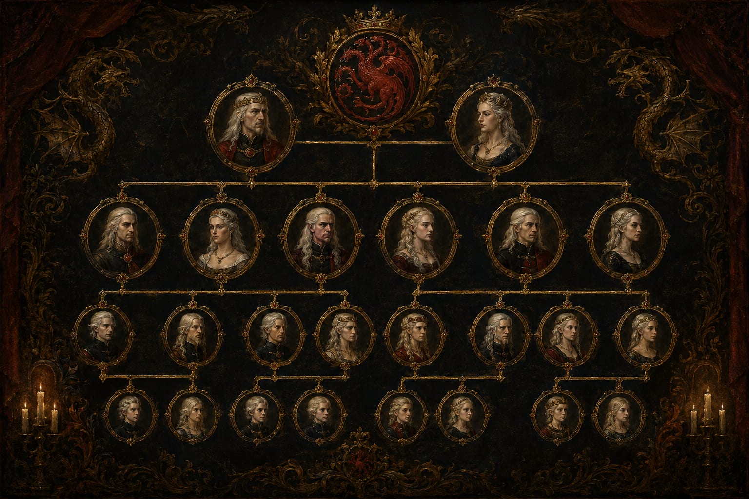 Targaryen-Stammbaum: ein Ölgemälde königlicher Genealogie mit goldenen Medaillons silberhaariger Könige und Königinnen über vier Generationen, verbunden durch Goldlinien unter dem dreiköpfigen Drachen des Hauses Targaryen